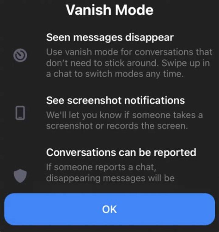 Does vanish mode notify screenshots?
